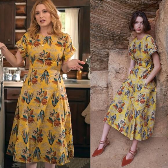 ULLA JOHNSON Devon Cotton Poplin Floral A-line Midi Dress with Pockets - Picture 1 of 12